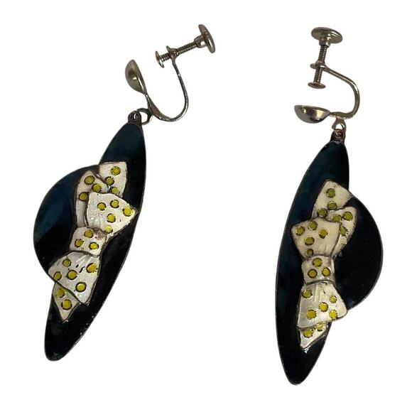 Vintage Enamel Bow Earring Screw Back Black White Yellow Polka Dot Mod 60s Style - Picture 2 of 4